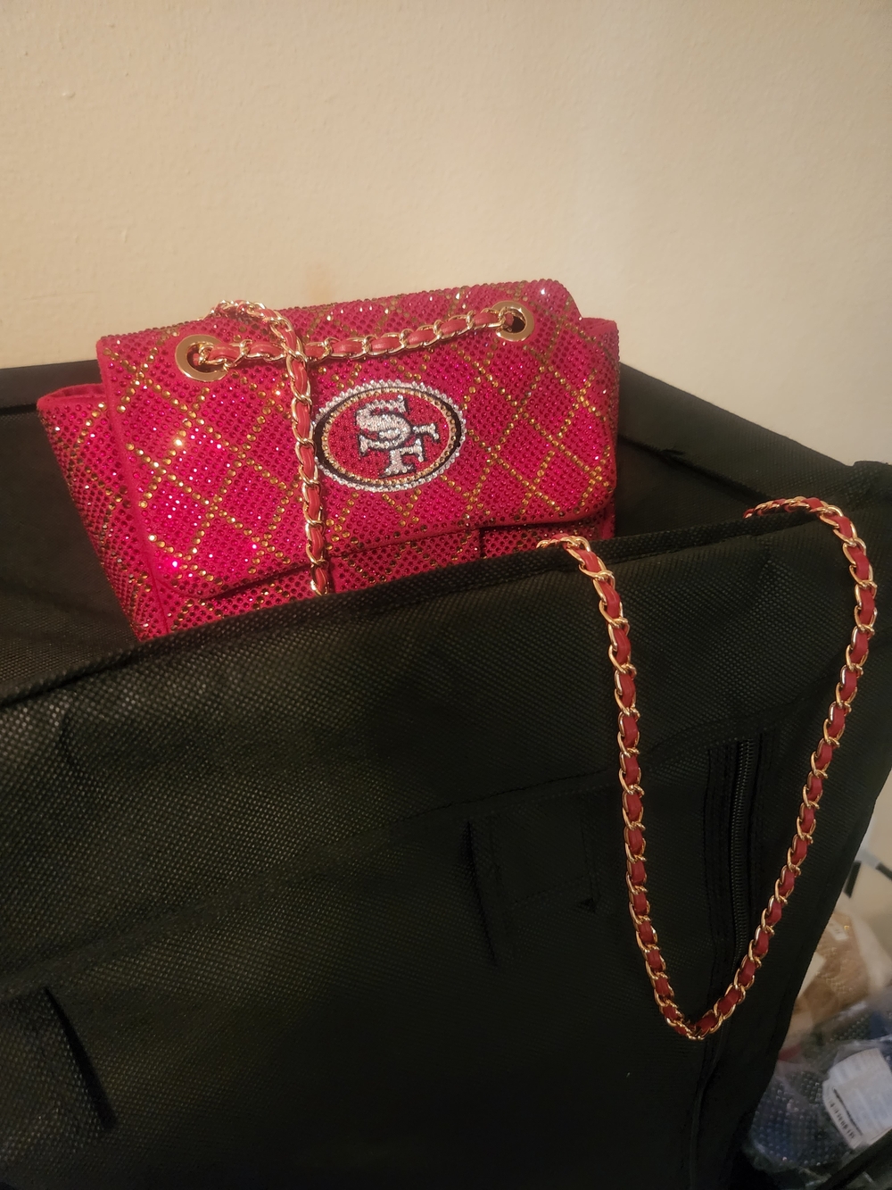 Women's Red Quilted Chain Shoulder Bag with Team Logo